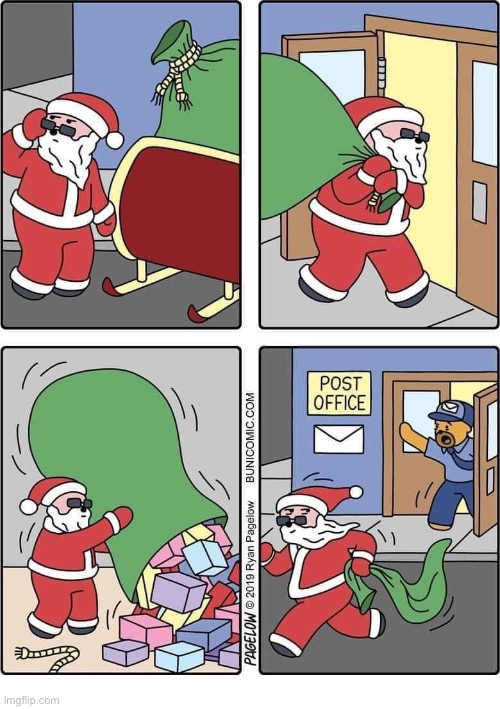image tagged in comics,buni comics,santa claus,presents,post office,delivery | made w/ Imgflip meme maker