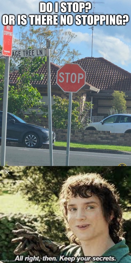 Mixed Messages | DO I STOP?
OR IS THERE NO STOPPING? | image tagged in all right then keep your secrets,stop,no stopping,stupid signs | made w/ Imgflip meme maker