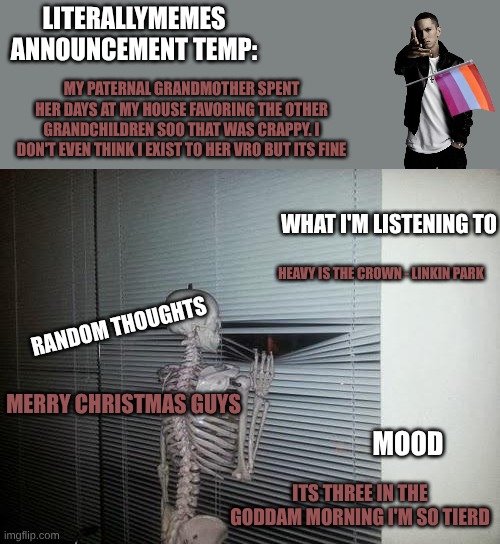 OMG im so tired | LITERALLYMEMES ANNOUNCEMENT TEMP:; MY PATERNAL GRANDMOTHER SPENT HER DAYS AT MY HOUSE FAVORING THE OTHER GRANDCHILDREN SOO THAT WAS CRAPPY. I DON'T EVEN THINK I EXIST TO HER VRO BUT ITS FINE; WHAT I'M LISTENING TO; HEAVY IS THE CROWN - LINKIN PARK; RANDOM THOUGHTS; MERRY CHRISTMAS GUYS; MOOD; ITS THREE IN THE GODDAM MORNING I'M SO TIERD | image tagged in skeleton looking out window | made w/ Imgflip meme maker