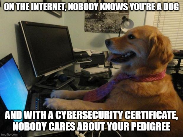 On the internet nobody knows you are a dog | ON THE INTERNET, NOBODY KNOWS YOU'RE A DOG; AND WITH A CYBERSECURITY CERTIFICATE, NOBODY CARES ABOUT YOUR PEDIGREE | image tagged in on the internet nobody knows you are a dog | made w/ Imgflip meme maker