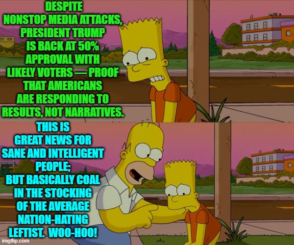Also I think the average citizen realizes everything leftists accuse Trump of, get's debunked. | DESPITE NONSTOP MEDIA ATTACKS, PRESIDENT TRUMP IS BACK AT 50% APPROVAL WITH LIKELY VOTERS — PROOF THAT AMERICANS ARE RESPONDING TO RESULTS, NOT NARRATIVES. THIS IS GREAT NEWS FOR SANE AND INTELLIGENT PEOPLE; BUT BASICALLY COAL IN THE STOCKING OF THE AVERAGE NATION-HATING LEFTIST.  WOO-HOO! | image tagged in worst day of my life | made w/ Imgflip meme maker