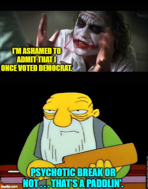 Tough love . . . old school style. | I'M ASHAMED TO ADMIT THAT I ONCE VOTED DEMOCRAT. PSYCHOTIC BREAK OR NOT . . . THAT'S A PADDLIN'. | image tagged in and everybody loses their minds | made w/ Imgflip meme maker