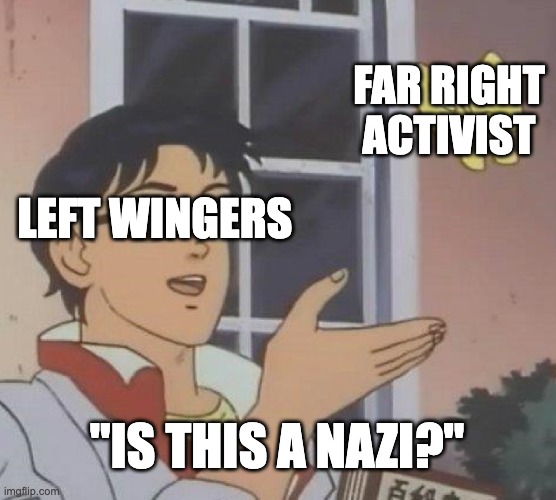 Is This A Pigeon | FAR RIGHT ACTIVIST; LEFT WINGERS; "IS THIS A NAZI?" | image tagged in memes,is this a pigeon | made w/ Imgflip meme maker
