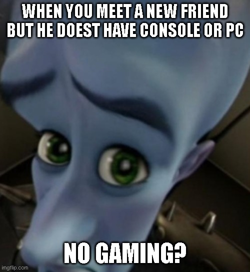 Megamind no bitches | WHEN YOU MEET A NEW FRIEND BUT HE DOEST HAVE CONSOLE OR PC; NO GAMING? | image tagged in megamind no bitches | made w/ Imgflip meme maker