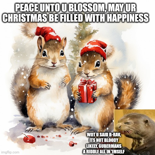 PEACE UNTO U BLOSSOM, MAY UR CHRISTMAS BE FILLED WITH HAPPINESS WOT U SAID B-RAV, ITS NOT BLOODY LIKELY, GUBERMANS A RIDDLE ALL IN 'IMSELF | made w/ Imgflip meme maker