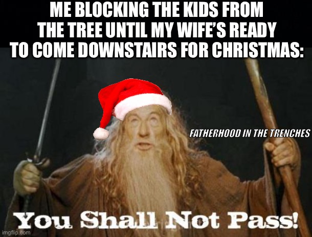 Santa The Grey | ME BLOCKING THE KIDS FROM THE TREE UNTIL MY WIFE’S READY TO COME DOWNSTAIRS FOR CHRISTMAS:; FATHERHOOD IN THE TRENCHES | image tagged in black background,gandalf you shall not pass,christmas,kids these days,parenting,lord of the rings | made w/ Imgflip meme maker