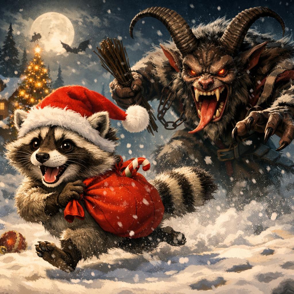 A raccoon in a Christmas hat cheerfully escaping the Krampus pur Blank Meme Template