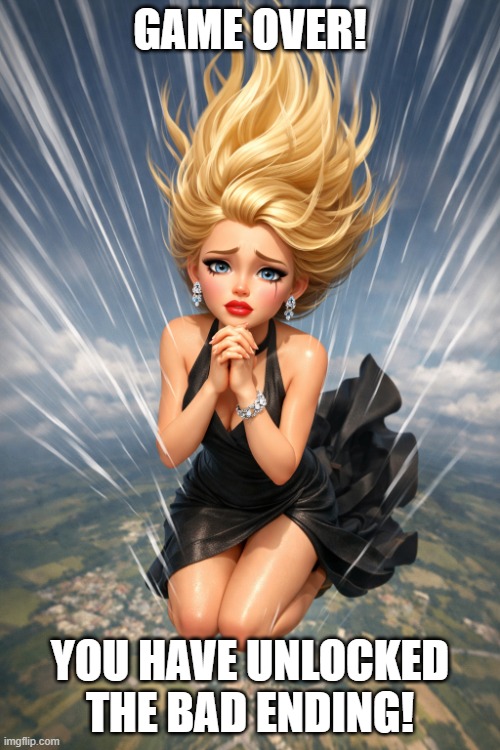 plunging beauty | GAME OVER! YOU HAVE UNLOCKED THE BAD ENDING! | image tagged in plunging beauty | made w/ Imgflip meme maker