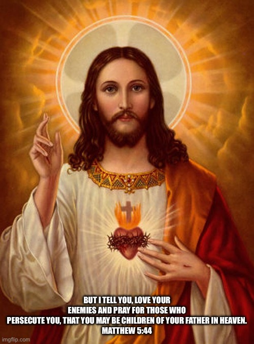 Jesus Christ | BUT I TELL YOU, LOVE YOUR ENEMIES AND PRAY FOR THOSE WHO PERSECUTE YOU, THAT YOU MAY BE CHILDREN OF YOUR FATHER IN HEAVEN.
MATTHEW 5:44 | image tagged in jesus christ | made w/ Imgflip meme maker