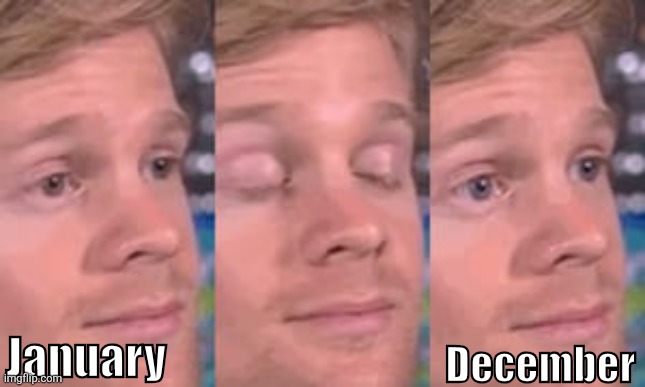 January | January; December | image tagged in meme guy blinking,christmas,xmas,2025 | made w/ Imgflip meme maker