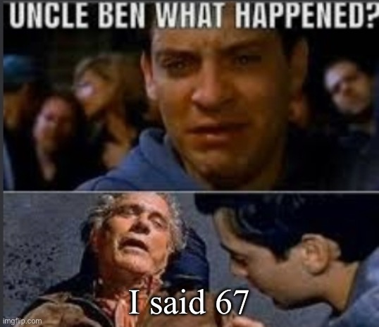 Uncle ben what happened | I said 67 | image tagged in uncle ben what happened | made w/ Imgflip meme maker