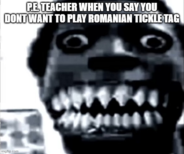 . | P.E. TEACHER WHEN YOU SAY YOU DONT WANT TO PLAY ROMANIAN TICKLE TAG | image tagged in funny | made w/ Imgflip meme maker