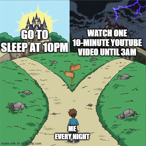 Late Night | GO TO SLEEP AT 10PM; WATCH ONE 10-MINUTE YOUTUBE VIDEO UNTIL 3AM; ME EVERY NIGHT | image tagged in two paths | made w/ Imgflip meme maker