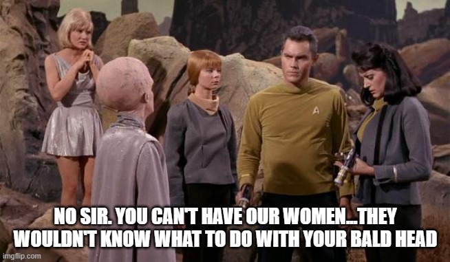 Bald Head Woman Lover | NO SIR. YOU CAN'T HAVE OUR WOMEN...THEY WOULDN'T KNOW WHAT TO DO WITH YOUR BALD HEAD | image tagged in captain pike star trek | made w/ Imgflip meme maker