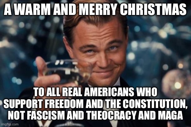 Leonardo Dicaprio Cheers | A WARM AND MERRY CHRISTMAS; TO ALL REAL AMERICANS WHO SUPPORT FREEDOM AND THE CONSTITUTION, NOT FASCISM AND THEOCRACY AND MAGA | image tagged in memes,leonardo dicaprio cheers | made w/ Imgflip meme maker