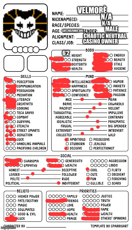 VELMORÈ; N/A; N/A; MALE; LATE 20S/EARLY 30S; CHAOTIC NEUTRAL; CASINO OWNER; 6’2 | made w/ Imgflip meme maker