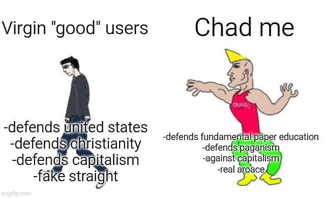 Virgin good users vs chad me | Chad me; Virgin "good" users; -defends united states
-defends christianity
-defends capitalism
-fake straight; -defends fundamental paper education
-defends paganism
-against capitalism
-real aroace | image tagged in virgin vs chad,capitalism,paganism,fundamental paper education,fpe,aroace | made w/ Imgflip meme maker