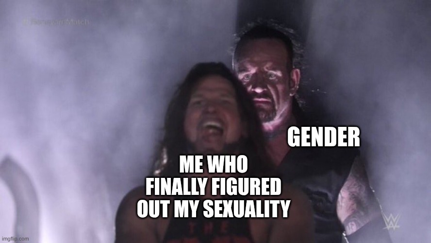 AJ Styles & Undertaker | GENDER; ME WHO FINALLY FIGURED OUT MY SEXUALITY | image tagged in aj styles undertaker,lgbtq,gender | made w/ Imgflip meme maker