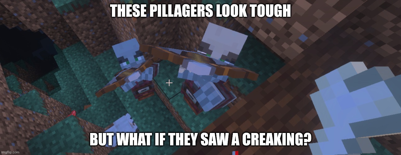 Pillagers | THESE PILLAGERS LOOK TOUGH; BUT WHAT IF THEY SAW A CREAKING? | image tagged in pillagers | made w/ Imgflip meme maker