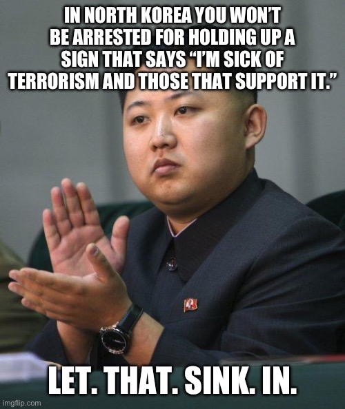 Kim Jong Un | IN NORTH KOREA YOU WON’T BE ARRESTED FOR HOLDING UP A SIGN THAT SAYS “I’M SICK OF TERRORISM AND THOSE THAT SUPPORT IT.”; LET. THAT. SINK. IN. | image tagged in kim jong un | made w/ Imgflip meme maker