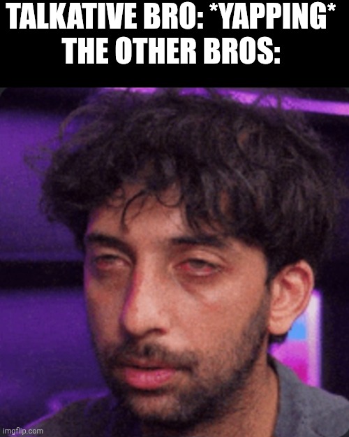 Isn't that concerning? | TALKATIVE BRO: *YAPPING*
THE OTHER BROS: | image tagged in tired,funny | made w/ Imgflip meme maker
