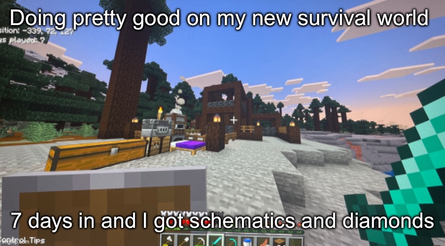 Doing pretty good on my new survival world; 7 days in and I got schematics and diamonds | made w/ Imgflip meme maker