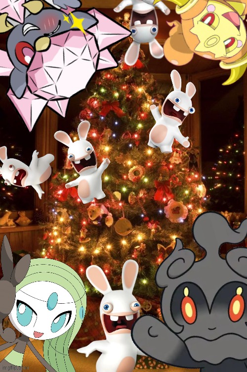 A Christmas photo of the 4 mythicals, with the Rabbids.mp3 | image tagged in christmas tree | made w/ Imgflip meme maker