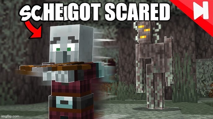 Pillager Running Away From Creaking | HE GOT SCARED | image tagged in pillager running away from creaking | made w/ Imgflip meme maker