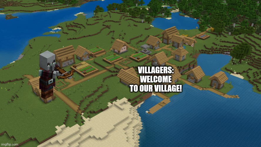 Minecraft Village | VILLAGERS: WELCOME TO OUR VILLAGE! | image tagged in minecraft village | made w/ Imgflip meme maker