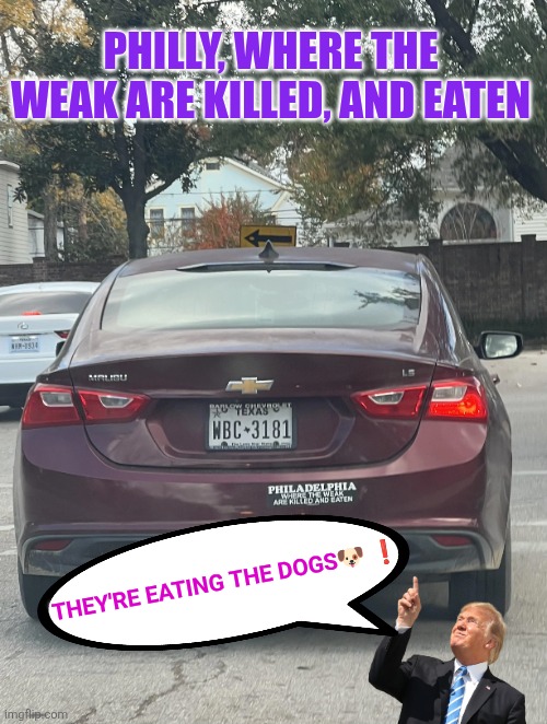 Philly, where the weak are killed, and eaten | PHILLY, WHERE THE WEAK ARE KILLED, AND EATEN; THEY'RE EATING THE DOGS🐶 ❗️ | image tagged in philly,dogs,trump,funny,texas,bumper sticker | made w/ Imgflip meme maker