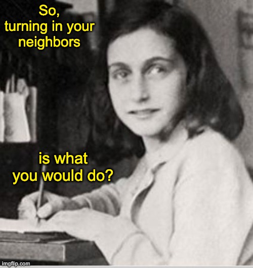 Anne Frank | So, turning in your neighbors is what you would do? | image tagged in anne frank | made w/ Imgflip meme maker