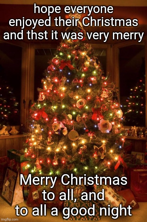 might make one more Christmas post before bed | hope everyone enjoyed their Christmas and thst it was very merry; Merry Christmas to all, and to all a good night | image tagged in christmas tree | made w/ Imgflip meme maker