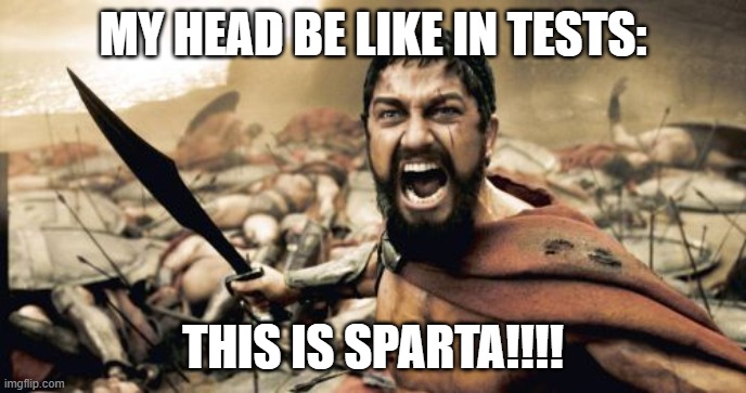 This is sparta!!!! | MY HEAD BE LIKE IN TESTS:; THIS IS SPARTA!!!! | image tagged in memes,sparta leonidas | made w/ Imgflip meme maker