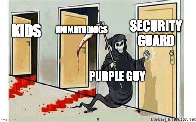Security Guard is not dead | SECURITY GUARD; ANIMATRONICS; KIDS; PURPLE GUY | image tagged in grim reaper knocking door | made w/ Imgflip meme maker