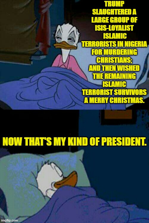 Ouch . . . eh, terrorism-loving leftists? | TRUMP SLAUGHTERED A LARGE GROUP OF ISIS-LOYALIST  ISLAMIC TERRORISTS IN NIGERIA FOR MURDERING CHRISTIANS; AND THEN WISHED THE REMAINING ISLAMIC TERRORIST SURVIVORS A MERRY CHRISTMAS. NOW THAT'S MY KIND OF PRESIDENT. | image tagged in sleepy donald duck in bed | made w/ Imgflip meme maker