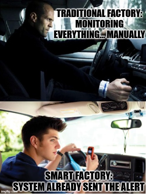 automatic manual transmission | TRADITIONAL FACTORY:
MONITORING EVERYTHING… MANUALLY; SMART FACTORY:
SYSTEM ALREADY SENT THE ALERT | image tagged in automatic manual transmission | made w/ Imgflip meme maker