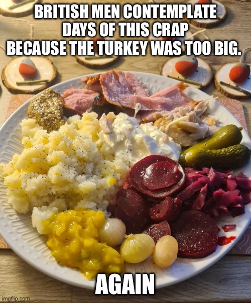 Christmas Culinary Aftermath | BRITISH MEN CONTEMPLATE DAYS OF THIS CRAP BECAUSE THE TURKEY WAS TOO BIG. AGAIN | image tagged in christmas | made w/ Imgflip meme maker