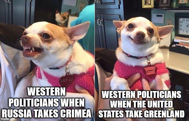 Oh, never mind. | WESTERN POLITICIANS WHEN THE UNITED STATES TAKE GREENLAND; WESTERN POLITICIANS WHEN RUSSIA TAKES CRIMEA | image tagged in angry dog meme,greenland,united states,russia,hypocrisy | made w/ Imgflip meme maker