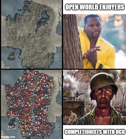 Open World | OPEN WORLD ENJOYERS; COMPLETIONISTS WITH OCD | image tagged in gaming,open world,ocd | made w/ Imgflip meme maker