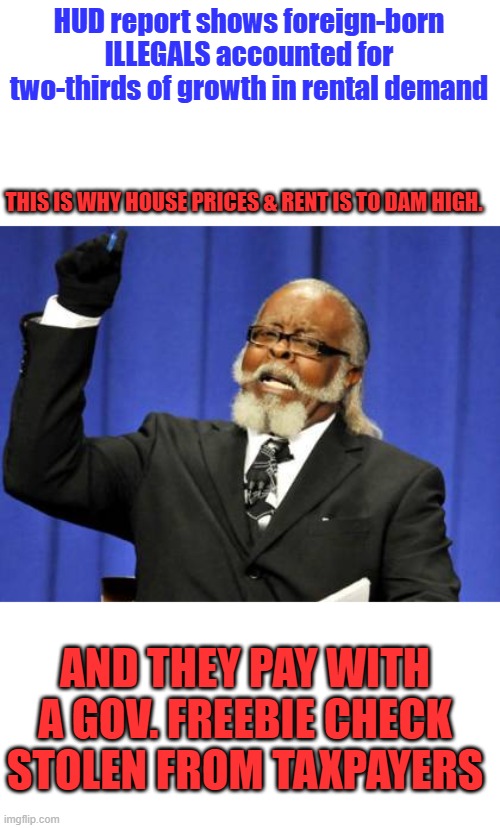 20 million Invaders getting checks | HUD report shows foreign-born ILLEGALS accounted for two-thirds of growth in rental demand; THIS IS WHY HOUSE PRICES & RENT IS TO DAM HIGH. AND THEY PAY WITH A GOV. FREEBIE CHECK STOLEN FROM TAXPAYERS | image tagged in memes,too damn high | made w/ Imgflip meme maker