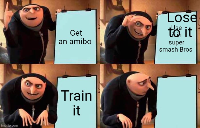 Gru's Plan Meme | Lose to it; Get an amibo; Use it in super smash Bros; Train it | image tagged in memes,gru's plan | made w/ Imgflip meme maker