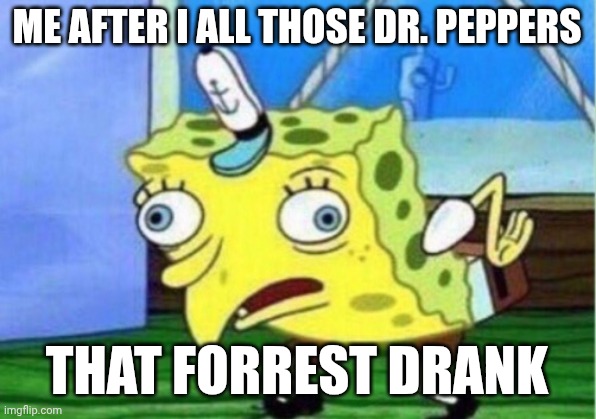 Mocking Spongebob | ME AFTER I ALL THOSE DR. PEPPERS; THAT FORREST DRANK | image tagged in memes,mocking spongebob | made w/ Imgflip meme maker