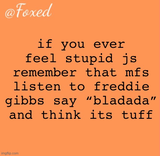 im mfs | if you ever feel stupid js remember that mfs listen to freddie gibbs say “bladada” and think its tuff | image tagged in foxed orange temp | made w/ Imgflip meme maker