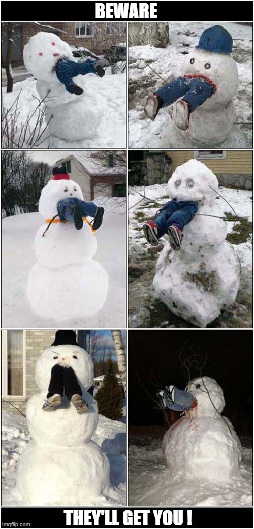 Never Trust A Snowman ! | BEWARE; THEY'LL GET YOU ! | image tagged in beware,snowman,attack | made w/ Imgflip meme maker