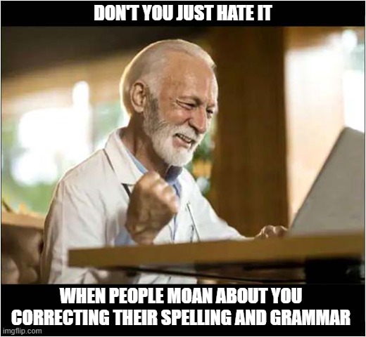 I Just Cannot Help Myself ... | DON'T YOU JUST HATE IT; WHEN PEOPLE MOAN ABOUT YOU CORRECTING THEIR SPELLING AND GRAMMAR | image tagged in correcting,spelling,grammar,unappreciated | made w/ Imgflip meme maker