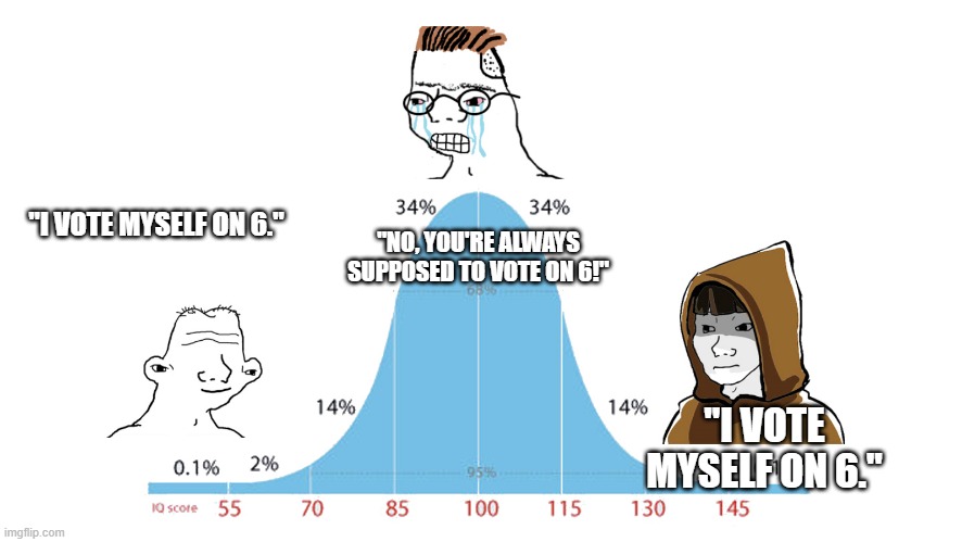 Midwit memes | "NO, YOU'RE ALWAYS SUPPOSED TO VOTE ON 6!"; "I VOTE MYSELF ON 6."; "I VOTE MYSELF ON 6." | image tagged in midwit memes | made w/ Imgflip meme maker