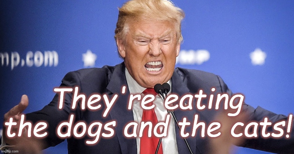 They're eating the dogs and the cats! | image tagged in trump insane anger teeth maniac | made w/ Imgflip meme maker