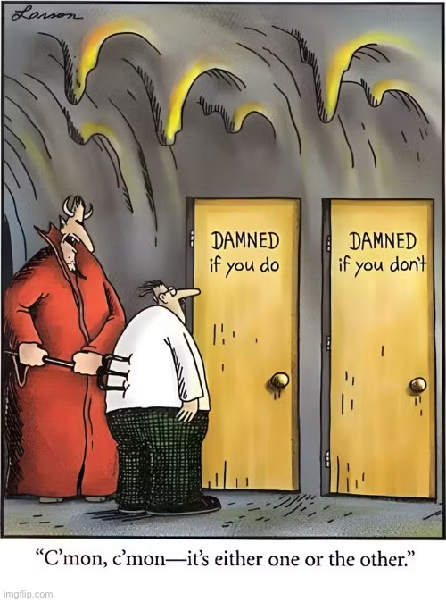 Six of one, half a dozen of the other… | image tagged in the far side,comics,hell,devil,choice,damned | made w/ Imgflip meme maker
