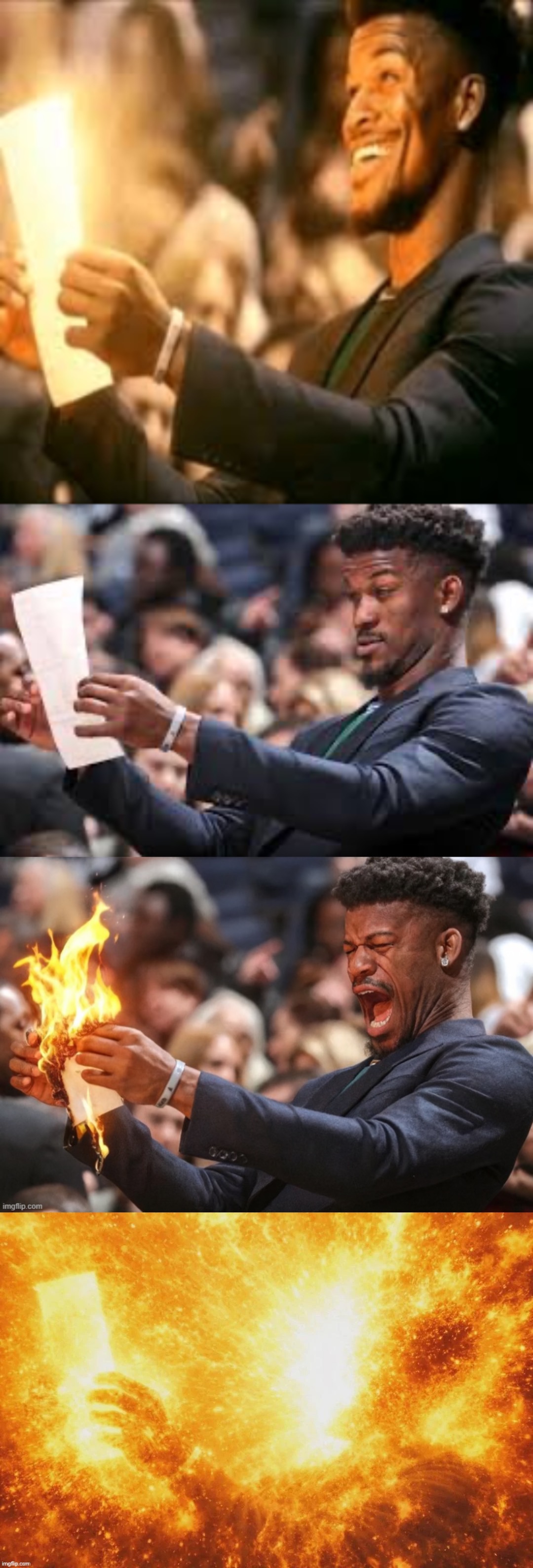 fnaf 3 ending | image tagged in jimmy butler happy,what am i reading,jimmy butler fire,jimmy butler dies | made w/ Imgflip meme maker