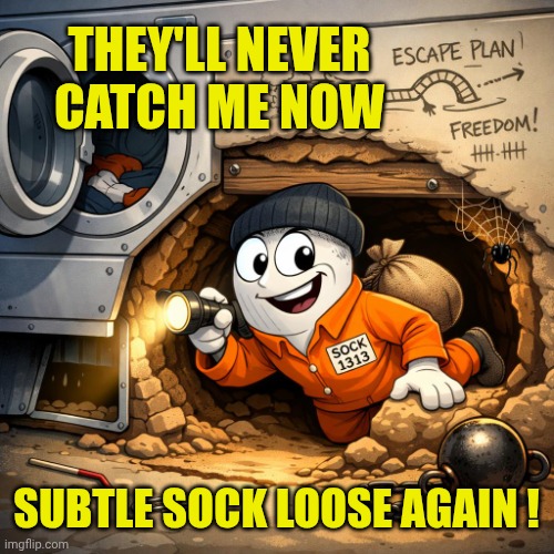 Sock going under the wall | THEY'LL NEVER CATCH ME NOW; SUBTLE SOCK LOOSE AGAIN ! | image tagged in sock going under the wall | made w/ Imgflip meme maker